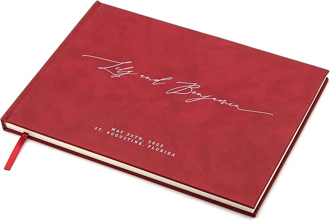 MUUJEE Personalized Guestbook in Red - Premium Custom Modern Guest Book for Wedding Reception, Birthday Party or Events w/Bookmark Blank Pages for Signing 11.5 x 8.5 inches