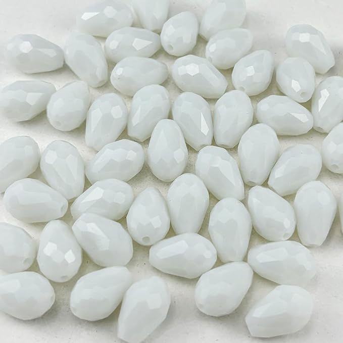 130pcs 6x8mm Teardrop Crystal Glass Beads for Jewelry Making, Faceted Vertical Hole Teardrop Glass Spacer Beads for Wind Chimes Bracelet Earring Necklace DIY Craft(White)