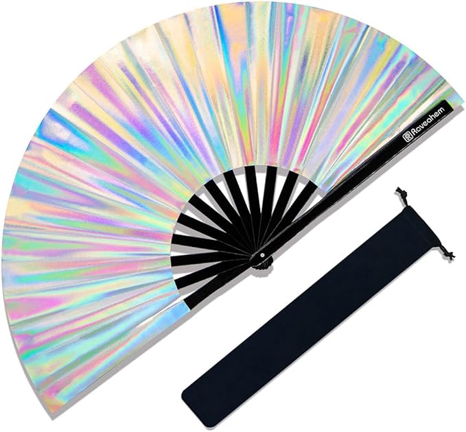 Large Rave Fan, Clack Folding Hand Fan with Premium Fabric, Thick Bamboo Frame for Men Women Gift for EDM, Festival, Club, Party, Dance, Decoration (Holographic Silver, 13")