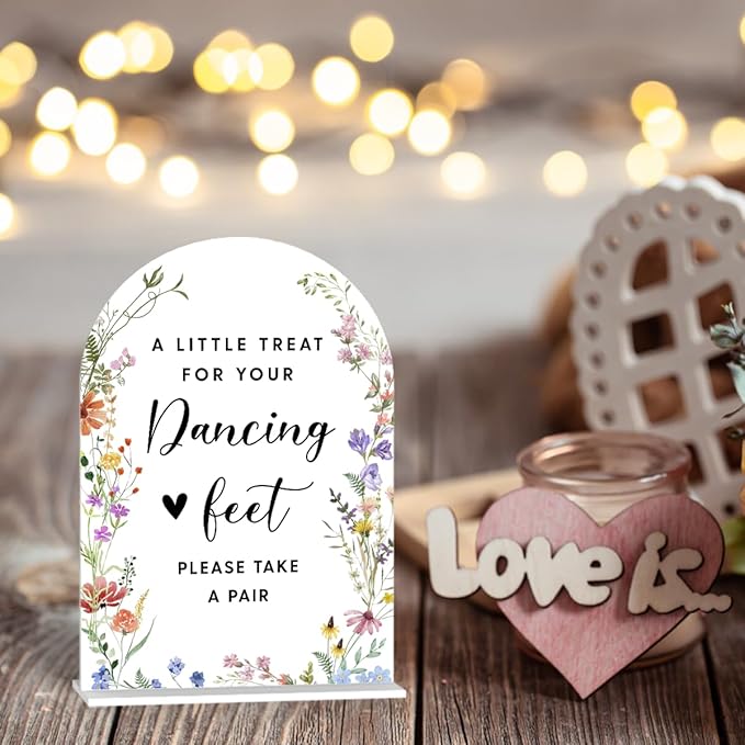 Acrylic Wedding Signs, Dancing Feet Signs for Marriage Reception, Bridal Shower Decorations, Modern Arched Round Top Acrylic Table Top Sign with Holder for Wedding Party Dinner (White Wildflowers)