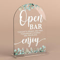 Acrylic Wedding Sign Open Bar Signs for Ceremony Modern Calligraphy Arch Acrylic Table Top Signs for Wedding Reception and Event Party Table Decor (Eucalyptus Leaves)