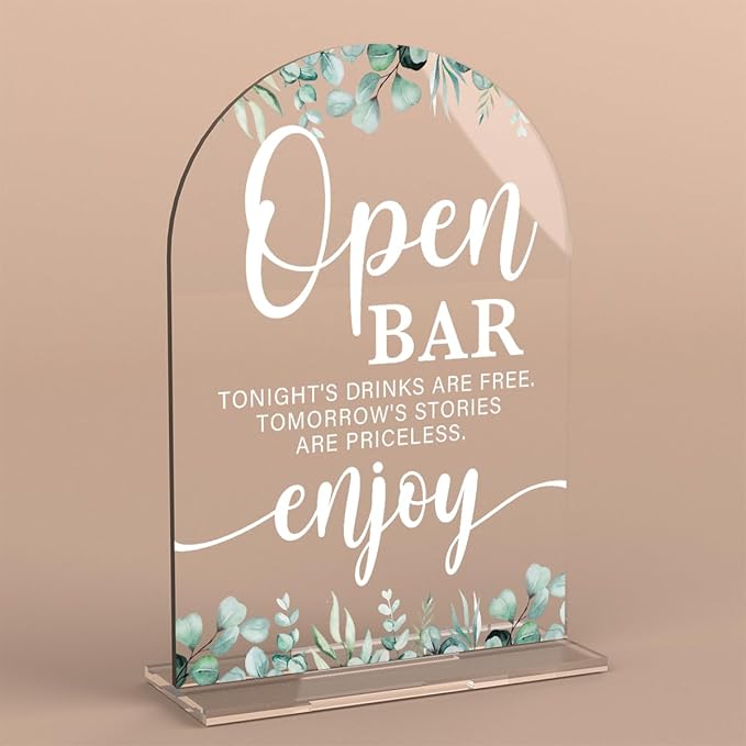Acrylic Wedding Sign Open Bar Signs for Ceremony Modern Calligraphy Arch Acrylic Table Top Signs for Wedding Reception and Event Party Table Decor (Eucalyptus Leaves)