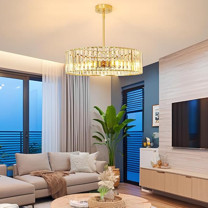 Gold Crystal Chandelier for Dining Room, 6-Light Modern Semi Flush Mount Ceiling Lighting Fixtures, Round Kitchen Fixtures Ceiling, Hanging Drum Pendant Lights for Living Room Bedroom Foyer, 19IN, E26