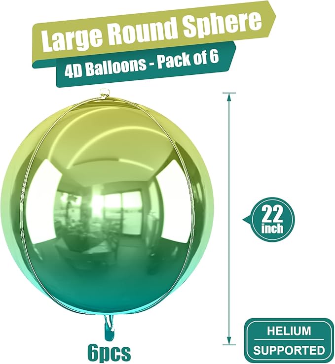 6Pcs Gradient Green Round Foil Balloons, 22" Large Helium Ball Mylar Balloon, Metallic Green Foil Balloon for Birthday Graduation Wedding Halloween Disco Prom Tropical Party Decorations