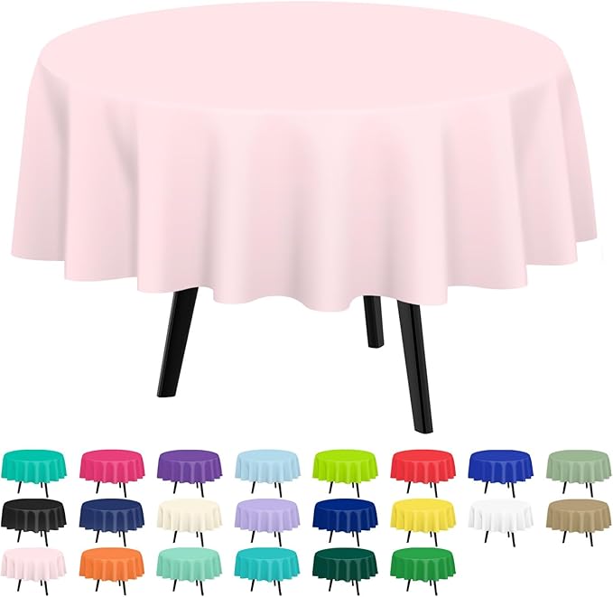 QIKSION Pink Round Tablecloth 3 Pack, 84 Inch Plastic Table Cloth Disposable for Parties