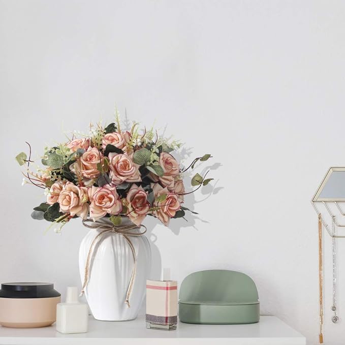 LESING Artificial Rose with Vase,Fake Silk Flowers Bouquets in Vase Table Centerpiece Arrangement for Kitchen Living Room (Pink)