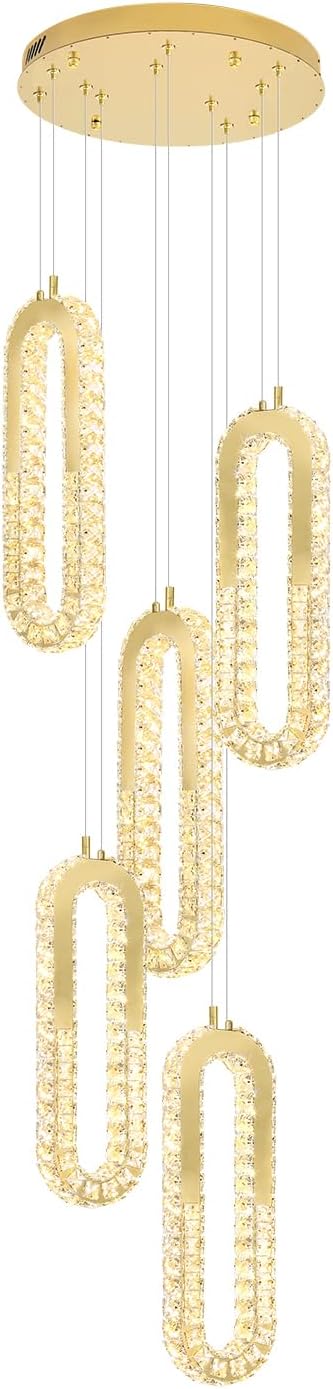 5 Rings Crystal Chandeliers for Staircase Large Pendants Light Fixture Gold High Ceiling Chandelier for Entryway Bedroom Foyer 2700K-6000K