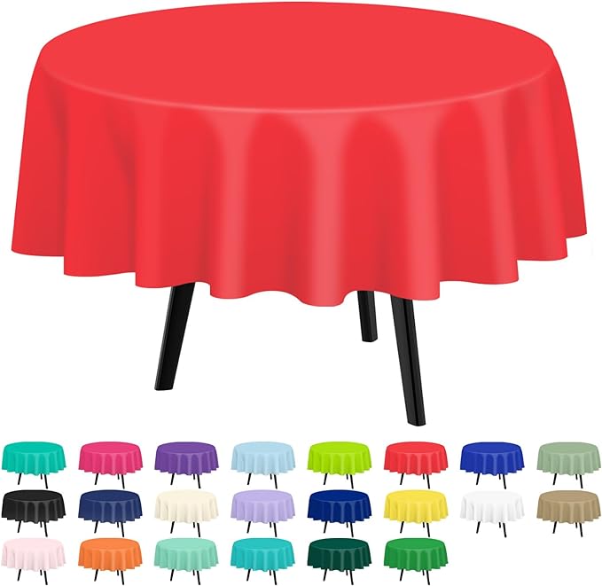 QIKSION Red Round Tablecloth 3 Pack, 84 Inch Plastic Table Cover Disposable for Parties