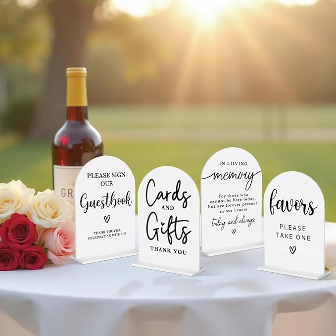 4 Pcs Acrylic Wedding Signs for Ceremony and Reception, Bridal Shower Decorations, Cards and Gifts Signs, Guest Book Sign, Arch Acrylic Table Top Sign with Holder for Wedding Reception (White)