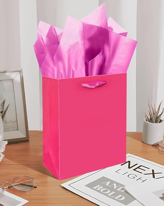 Gcardist Bright Pink Gift Bags with Tissue Paper for Wedding, Birthday, Party Supplies-7.9"x4.3"x9.6" Medium Size Cardboard Gift Bags（16pcs Bags +32pcs Tissue Paper ）