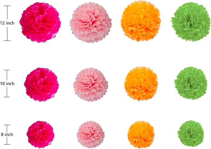 ZOOYOO Pink Orange Green Paper Poms, Tropical Party Decoration, Hawaiian Tissue Paper Poms Luau Decorations for Summer Birthday Anniversary 12PCS