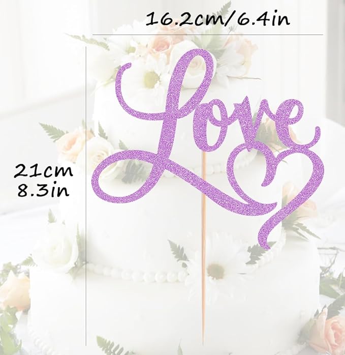 Love Cake Topper - Purple Glitter Paper Wedding Cake Decoration Supplies, Perfect for Bridal Shower/Engagement/Anniversary/Birthday Party
