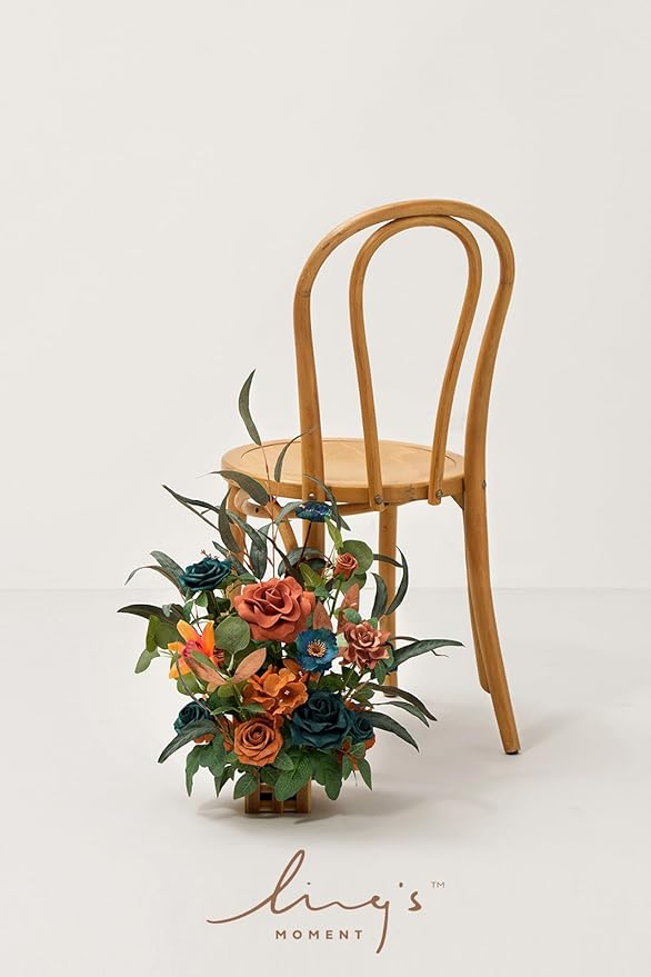 Ling's moment 17.5" Tall Standing Artificial Flowers Arrangements 4pcs Fall Wedding Aisle Runner Chair Decorations Teal Burnt Orange Centerpieces Ceremony Reception Rose Floral Party Outdoor