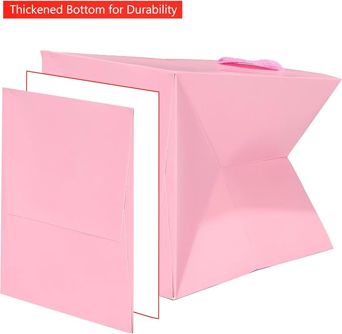 Pink Paper Gift Bag 10 in Paper Gift Box Large Square Bottom Kraft Paper Bags with Handles for Wedding Baby Shower Birthday Party (Pink, 10 x 10 x 10 in, 10 CT)