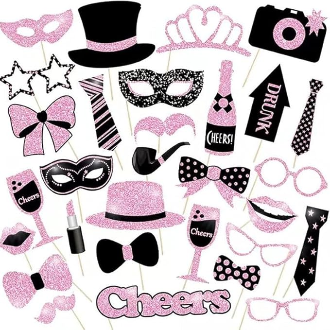 30 Pieces Black Rose Golden Photo Booth Props for Birthday Wedding New Year Party,Mix of Hats, Mask, Lipstick, Tie, Crowns and More Funny Selfie Props