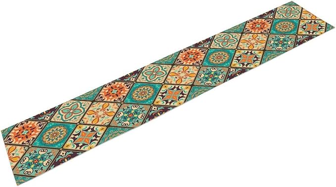 Bohemian Patchwork Table Runnerboho Colorful Tile Patchwork Indian Floral Print Table Runner for Home Kitchen Indoor Outdoor Party Wedding Decor, 13x108inch