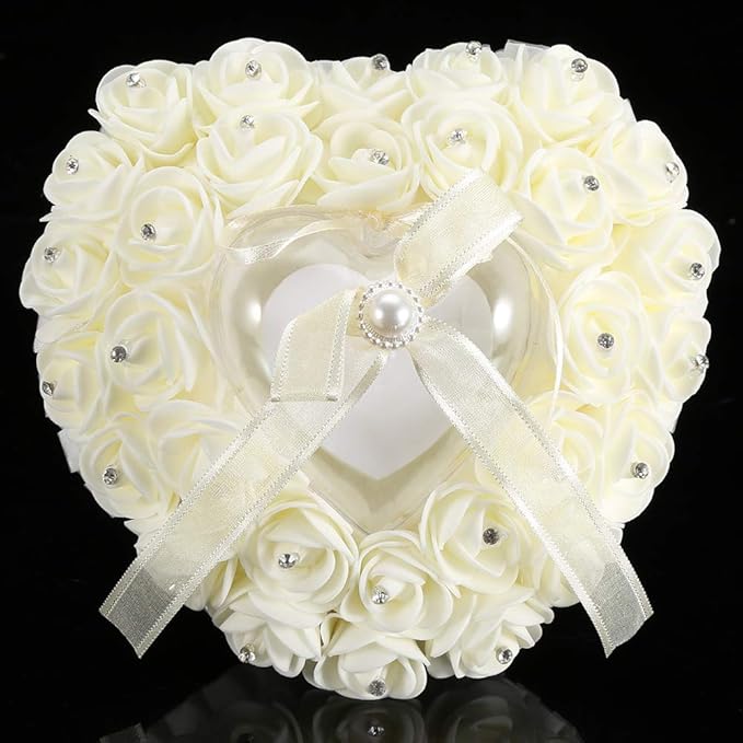 Hilitand Wedding Cushion Pillow Romantic Heart Shaped Wedding Box Rose Rhinestone Decorative Jewellery Boxes(Milky White)