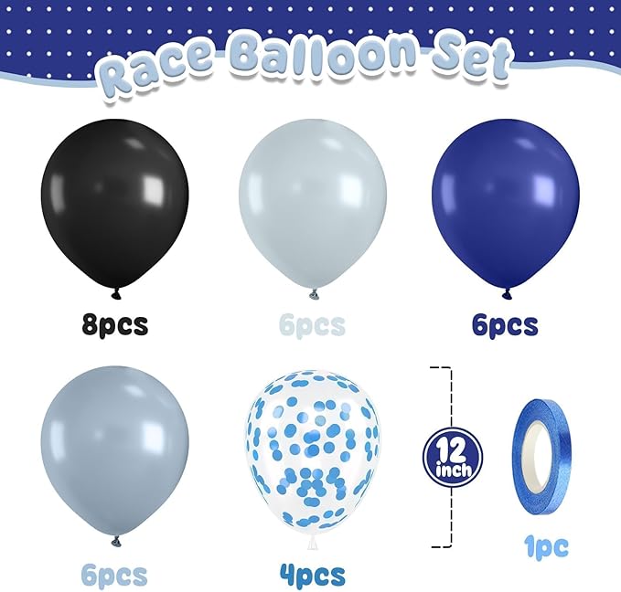 Race Car Balloon,Blue and Black Balloons,Dusty Blue Black Latex Balloon for Boys Girls Baby Shower Race Car Birthday Party Decoration