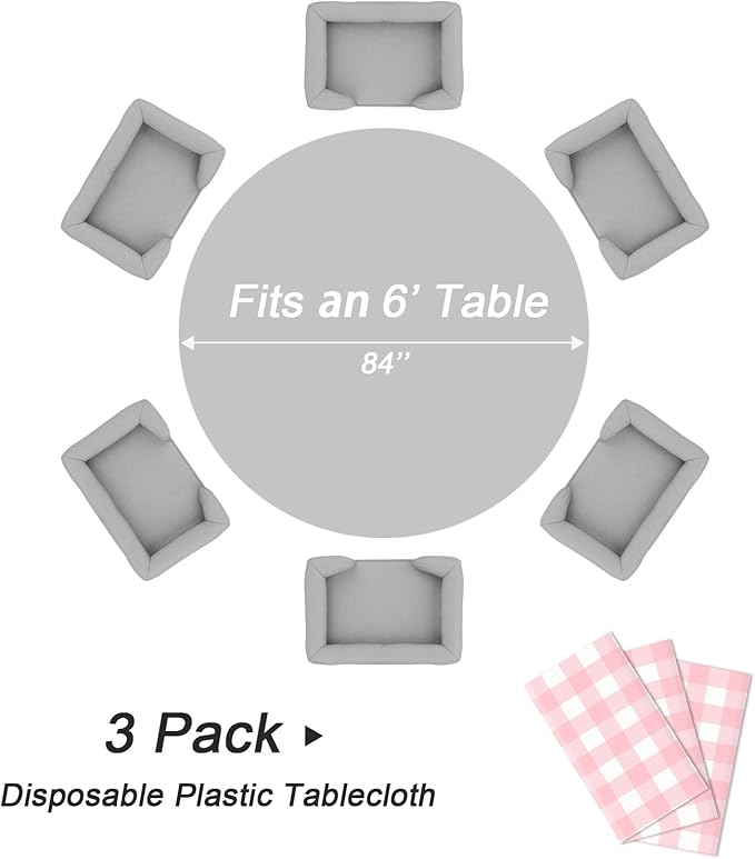QIKSION Pink Gingham Round Tablecloth 3 Pack, 84 Inch Plastic Checkered Table Cover Disposable for Parties