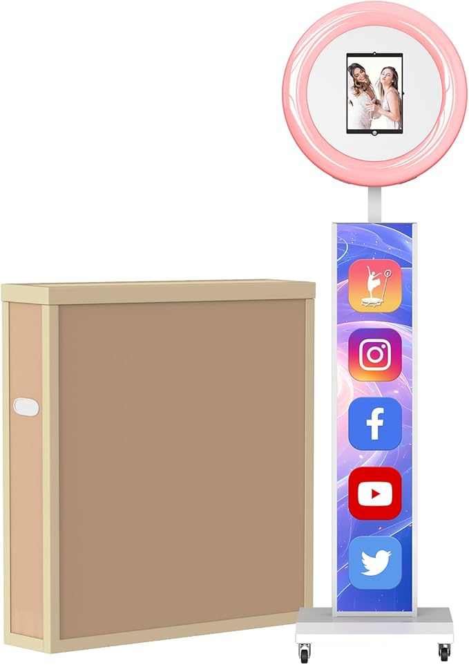 MWE Portable Photo Booth Machine Stand Compatible with Any Ipad with Software APP and Remote Control, RGB Ring Lights Music Sync, Free Custom Logo,ChackTok VIP (White, Light Box-Honeycomb Case)
