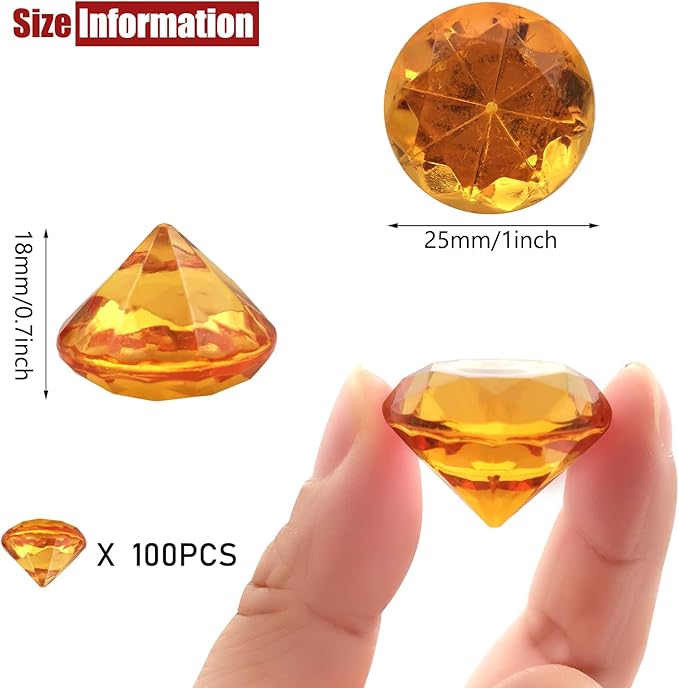 100 PCS Acrylic Diamond Gems, Orange Acrylic Diamonds 1 Inch Acrylic Gemstones Vase Filler Fake Gems Plastic Gems for Home Table Scatters Party, Event, Wedding, Arts & Crafts, Birthday Decorations