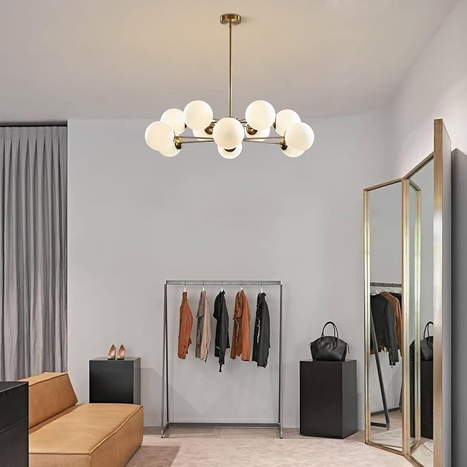 KCO Lighting 12-Light Glass Globe Sputnik Chandelier Light Fixture Mid Century Modern Chandeliers Brushed Brass Chandelier Milk White Glass Ceiling Light Fixture (Gold+White)
