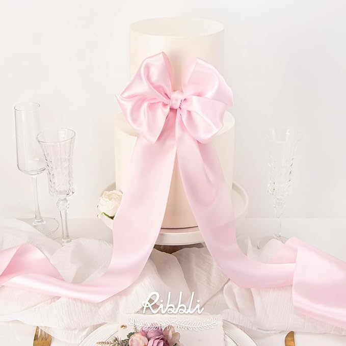 Ribbli Light Pink Satin Ribbon 4 Inch Wide Baby Pink Ribbon for Wedding Chair Sash Grand Opening Ceremony Big Bows Gift Wrapping Floral Crafts Cake Decor-Double Faced Satin Continuous 10 Yards