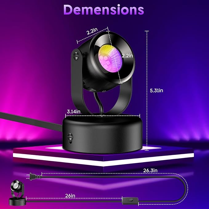 Spot Lights Indoor,7W RGBW Spotlight 16 Color Changing Up Lights Indoor with Remote Dimmable Function Memory Feature LED Ambient Lighting for Party,Bar,Esports Room, 5.9 FT Power Cord, 2 Pack