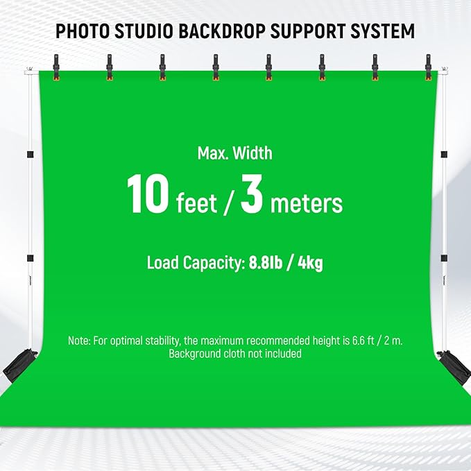 Neewer Photo Studio Backdrop Support System, 10ft/3m Wide 6.6ft/2m High Adjustable Background Stand with 4 Crossbars, 6 Backdrop Clamps, 2 Sandbags, and Bag for Portrait & Studio Photography-White