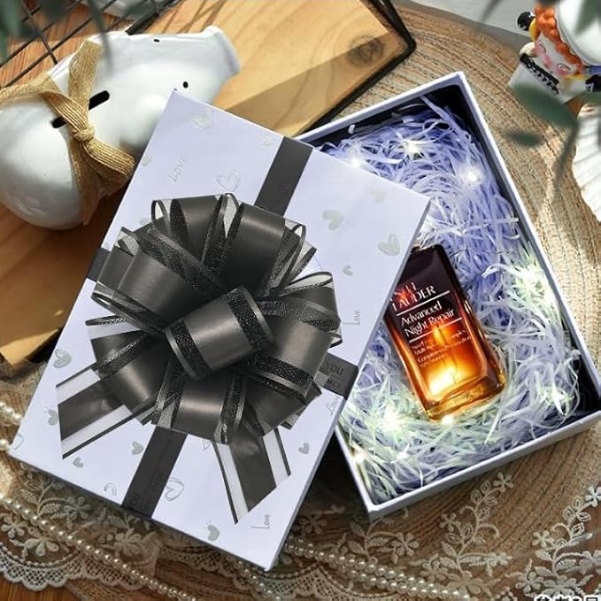 6 Pieces Large Pull Bows, 6 inches, Organza Fabric, Black, Wedding, Christmas, Birthday, Valentine's Day, Gift Wrapping, Party Decoration, Easy to Use