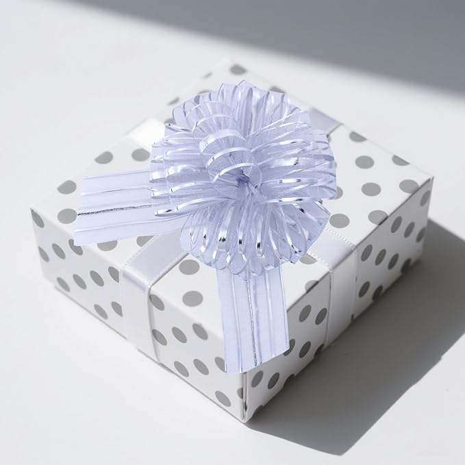 6 Pcs 6 Inch Large Organza Pull Bow Ribbon – Elegant Gift Bows for Wedding Decorations, Christmas Wrapping, Birthday Parties, Car Decor, Gift Baskets, and Valentine's Day Packaging(Silver)
