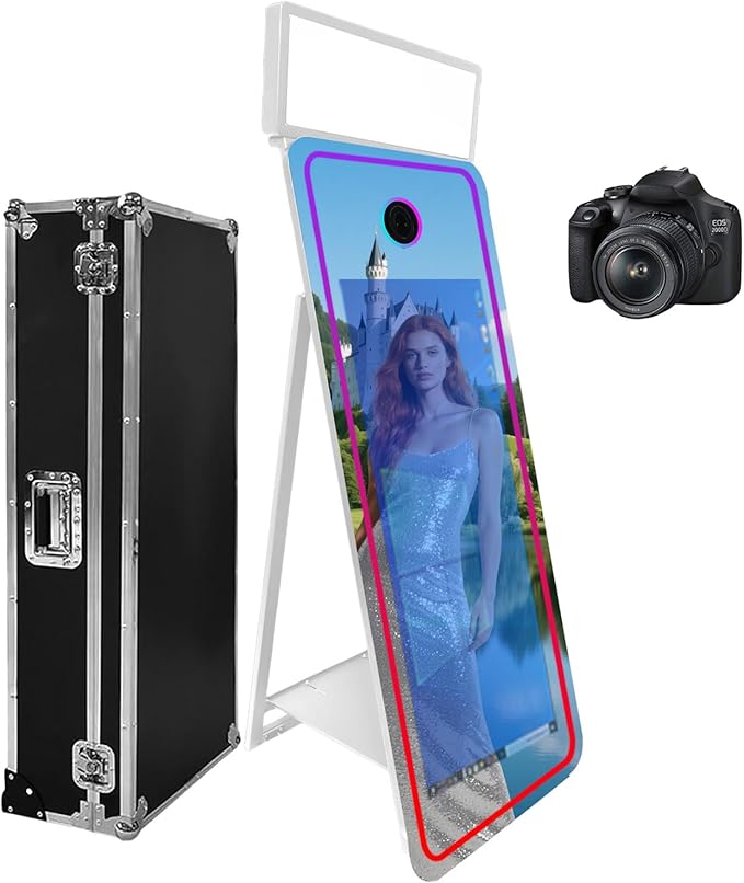 65''Magic Mirror Photo Booth Machine,Mirror Photo Booth 43''Touch Screen,Photo Booth with Flight Case,App Control,RGB Light for Wedding Party Events (White, Machine+Camera)