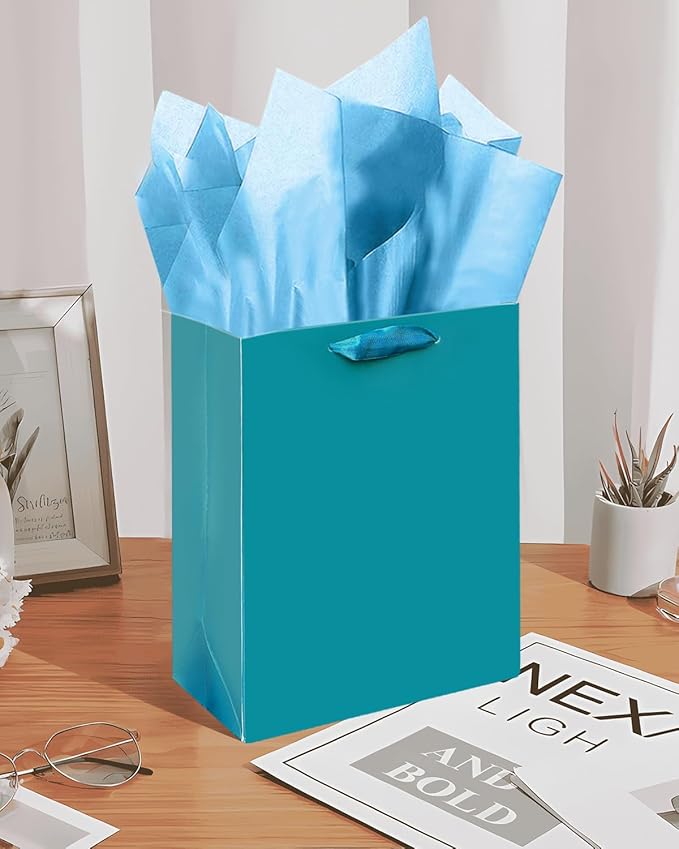 Gcardist Denim Blue Gift Bags with Tissue Paper for Wedding, Birthday, Party Supplies-7.9"x4.3"x9.6" Medium Size Cardboard Gift Bags（16pcs Bags +32pcs Tissue Paper ）