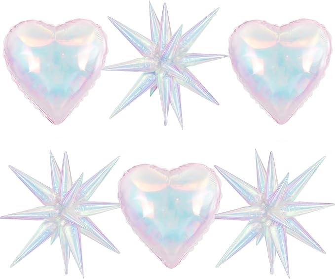 6Pcs Iridescent Foil Balloons, 22" 18" Heart Explosion Star Iridescent Balloons Large Holographic Clear Foil Balloon for Birthday Baby Shower Mermaid Rainbow Wedding Party Supplies