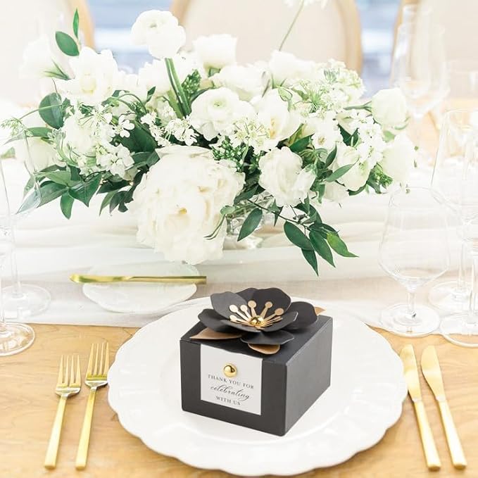 FEIYI 20 PCS Candy Boxes, 3 In 1 Black Favor Boxes with Floral Decor, White Thank You Tags Gift wrapping for Wedding Birthday Baby Shower Decorations Party -2.55x2.55x1.77''