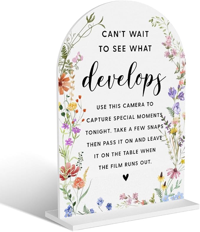 Acrylic Wedding Signs, Bridal Shower Decorations, Modern Arched Round Top Acrylic Table Top Sign with Holder for Wedding Reception Party Dinner - Can't Wait to See What Develops (White Wildflowers)