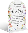 Acrylic Wedding Signs, Bridal Shower Decorations, Modern Arched Round Top Acrylic Table Top Sign with Holder for Wedding Reception Party Dinner - Can't Wait to See What Develops (White Wildflowers)