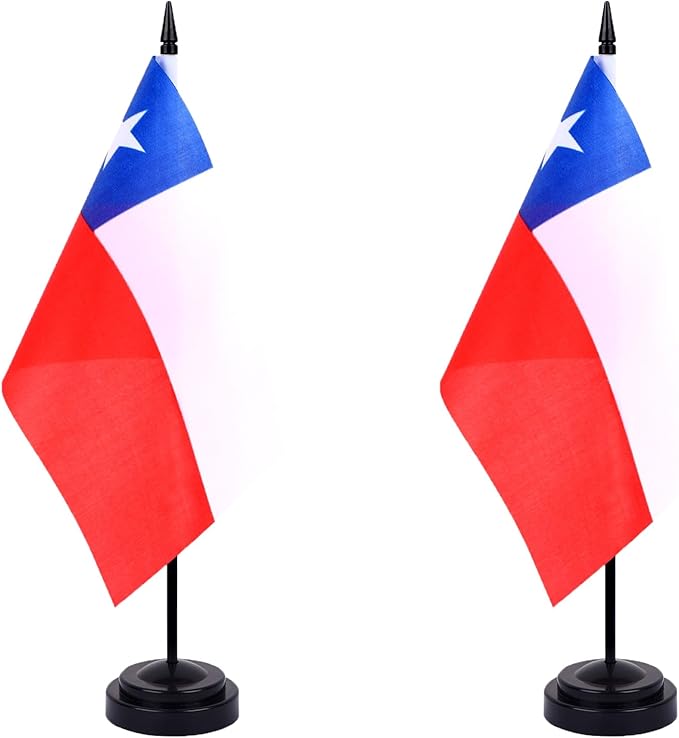 WXTWK 2 Pack Chile Flag Chile Deluxe Desk Flag Set - Mini Small Chilean Table Office Flags with Black 12" Solid Pole Stand Base Classroom Meeting Desktop Decorations