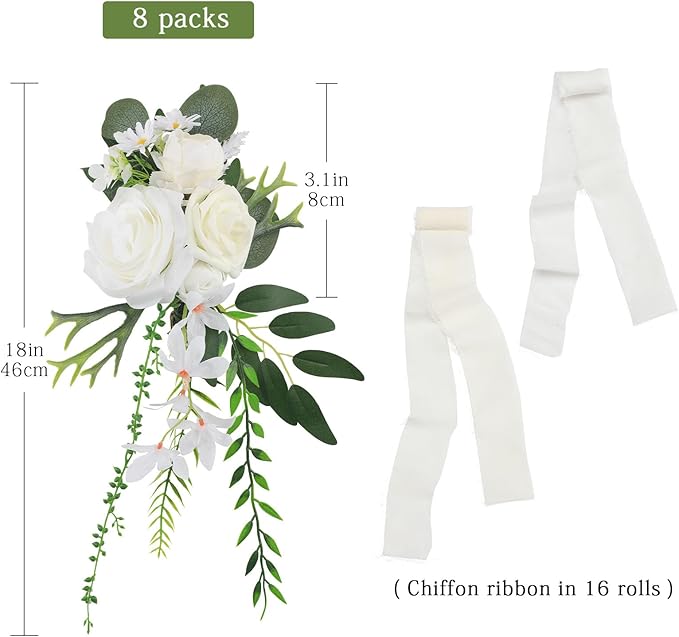 Wedding Aisle Decorations Set of 8 Chair Back Flowers Floral Pew Wedding Decorations for Ceremony with Chiffon Ribbons Fall Decor