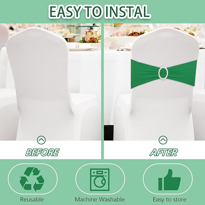 CHENGU 150 Pieces Spandex Stretch Chair Sashes Bows Elastic Chair Cover Bands Ties with Buckle Slider for Wedding Party Reception Events Universal Ceremony Banquet Decorations (Green)