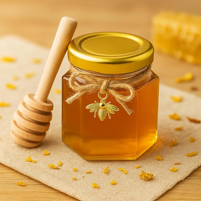 50 Pack 1.5 oz Hexagonal Honey Jars for Honey with Wooden Dipper bee Charms Thank You Cards Burlap Fabric Twine String for Baby Shower Wedding Party Favors Gifts