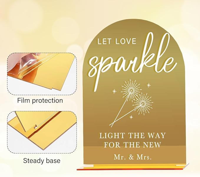 Acrylic Wedding Sign, Bridal Shower Decorations, Let Love Sparkle Sign for Ceremony, Modern Font Table Signs, Gold Mirror Arched Acrylic Tabletop Signs for Wedding Reception and Event Party