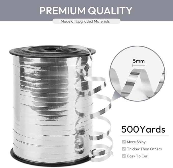 Silver Curling Ribbon, 1/5" Wide x 500 Yards Christmas Curling Ribbons for Gift Wrapping, Party Decoration, Balloon String, Hair, Ribbons for Florist Flower (1 Roll)