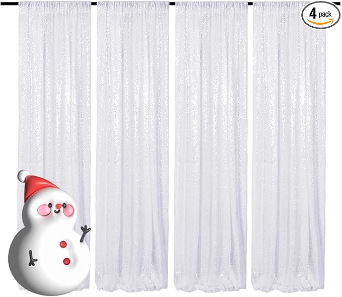 White Sequin Backdrop 2FTx8FT 4 Panels Curtains Party Curtains Sparkle Glitter for Birthday Wedding