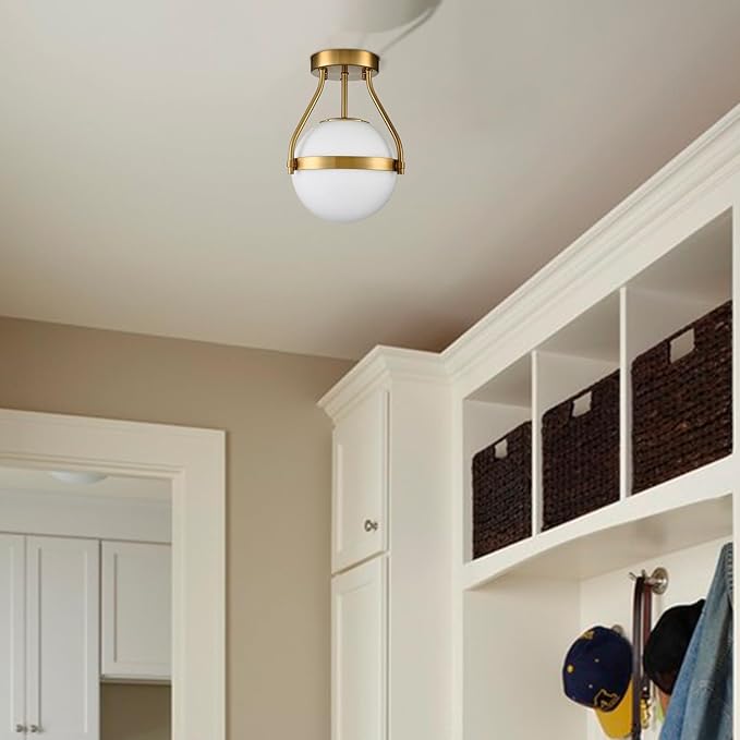 HOLKIRT Modern Semi Flush Mount Light, Mid Century Style 7Inch/18CM Brass Globe Ceiling Light with Opal Glass for Kitchen, Hallway, Bedroom