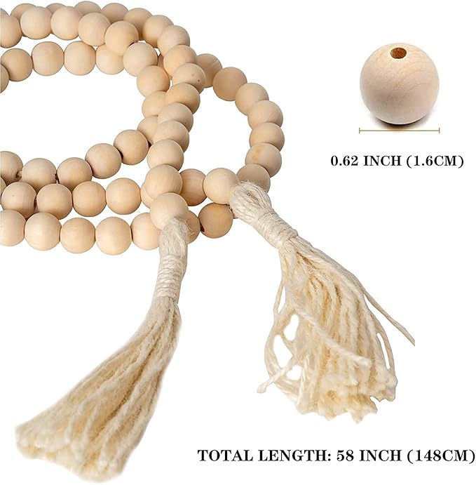 DECORKEY Farmhouse Wood Beads Garland, 2 Pack 58 Inch Wooden Beads for Boho Home Decor with Tassels, Rustic Country Decor for Coffee Table, Wall, Shelf, Tray, Vase, Living Room, Bedroom