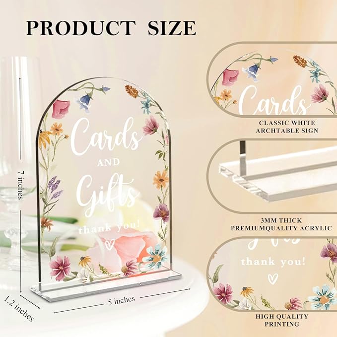 4 Pcs Acrylic Wedding Signs for Reception, Bridal Shower Decorations, Cards and Gifts Signs, Guest Book Sign, Arch Acrylic Table Top Sign with Holder for Wedding Reception (Clear Wildflowers)