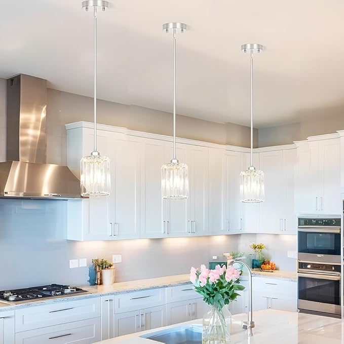 Chrome Kitchen Pendant Lights Over Island with Adjustable Rods - Crystal Pendant Lighting Fixtures 3 Pack, Ideal Over Dining Table or Bar, E26 Bulb Compatible, No Electrician Needed
