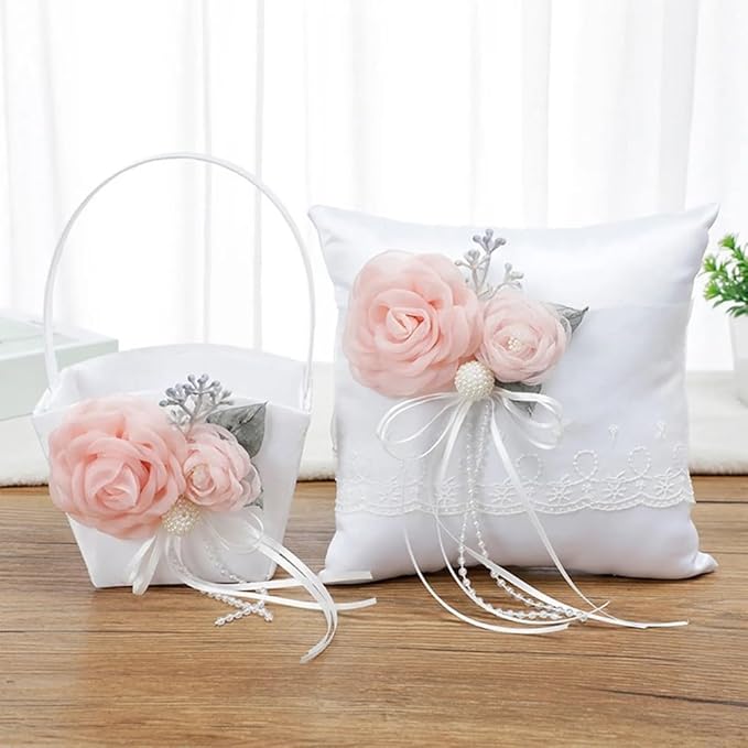 The Crafty Owl 2 Heart Rhinestones Ivort/Blue, Red, Purple, Black Trimming, Burlap,Pink Flowers or Champagne Satin Wedding Ring Bearer Pillow and Basket Set (White Lace Pink Flower Rectangular)