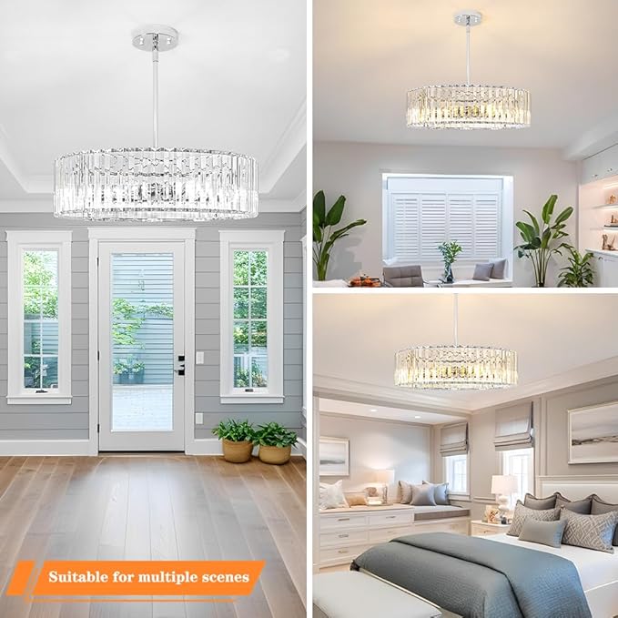 Modern Crystal Chandelier for Dining Room, 6 Light Chrome Semi Flush Mount Ceiling Light Fixtures, 19in Hallway Fixture, Round Kitchen Hanging Drum Pendant Lights Ceiling for Living Room Bedroom Foyer